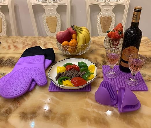 Silicone Oven Mitts and Pot Holders Sets, MTZRFLL Extra Long Heat Resistant Oven Gloves with Hot Pads and Mini Oven Mits Set for Kitchen Cooking Baking, Soft Quilted Lining, Pack of 6 (Purple)