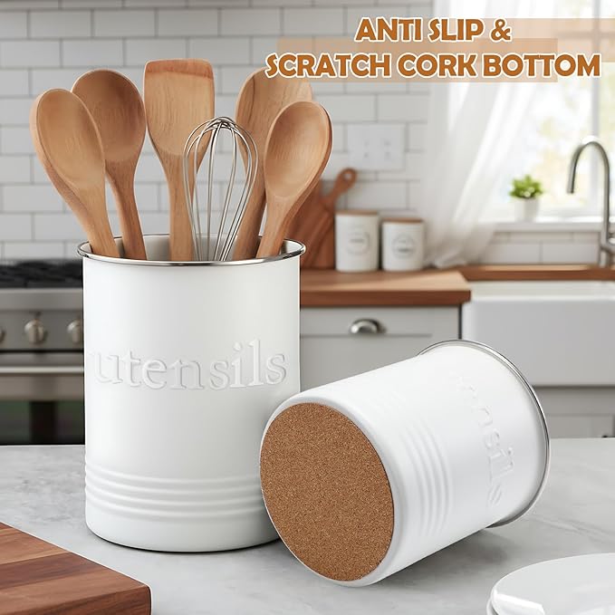 FoldTier 2 Pack Kitchen Utensil Holder for Counter 6.7"+4.7" Farmhouse Cooking Utensil Crock with Cork Bottom Modern Farmhouse Decors Countertop Storage Organizer Caddy Housewarming Gift (White)