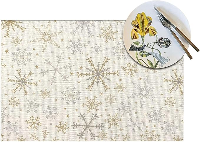 Christmas Place mats Set of 4, 12x18 Inches Gold Gray Snowflake Decorative Placemats Rectangle Winter Table Mats for Party Home Kitchen Dining Table Decoration
