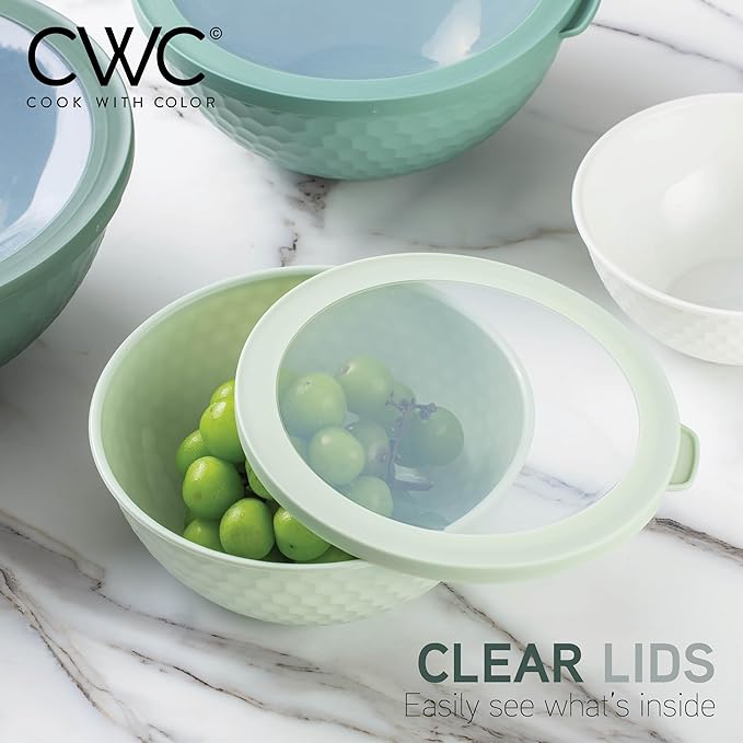 COOK WITH COLOR Mixing Bowls with Lids - 12 Piece Plastic Nesting Bowls Set includes 6 Prep Bowls and 6 Lids, Microwave Safe Mixing Bowl Set, Sage Embossed