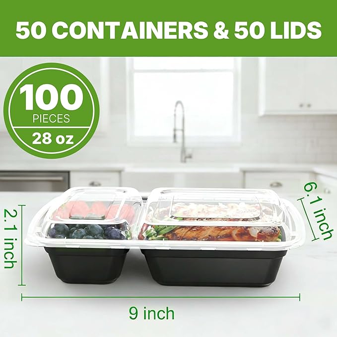 Meal Prep Containers with Lids, Reusable 2-Compartment Food Storage, Sturdy Leakproof, Food Safe, Microwave Freezer Dishwasher Safe, To-Go Takeout Plastic Containers, 50 Pack (100-Piece) – 60828 60828