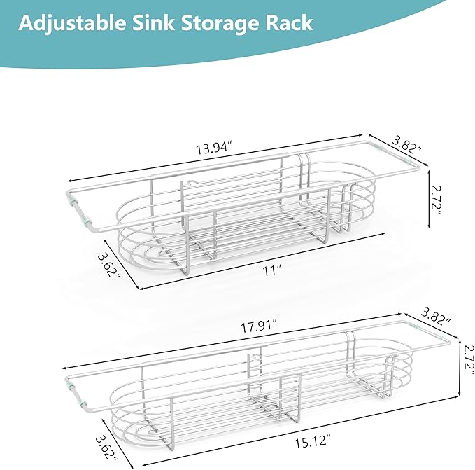 Sink Caddy Sponge Holder Kitchen Sink Organizer, Telescopic sink organizer rack for kitchen Expandable 13.4" to 17.1", Stainless Steel