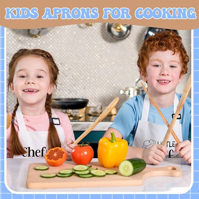 2 Pack Kids Apron and Chef Hat Adjustable Kitchen Cooking Apron with Pockets Kids Funny Apron for Girls Boys