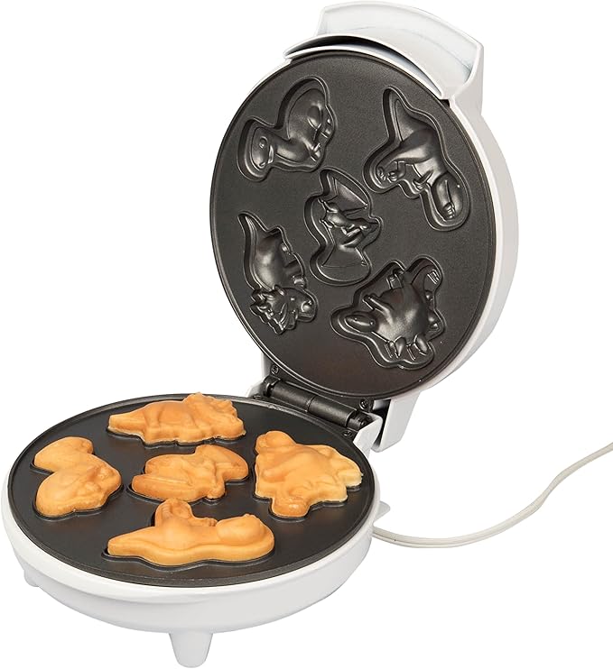 Dinosaur Mini Waffle Maker- 5 Different Double Sided 3D Shaped Dinos in Minutes- Kids Adults Breakfast Fun w/Cool Novelty Pancakes, Electric Baker, Non-Stick Waffler Iron w Recipe Guide, Gift for Him