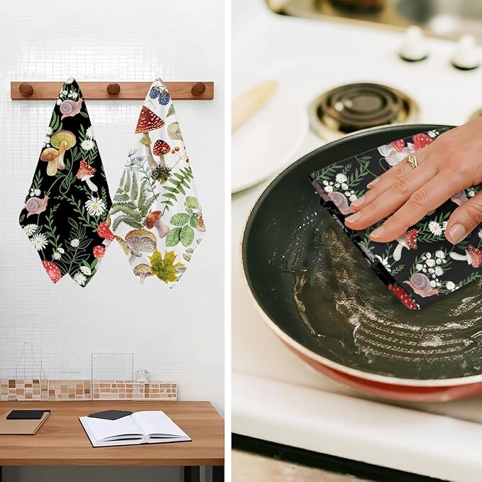 2Pcs Mushroom Kitchen Towels, Cute Botanic Floral Tea Towel Decorative Reusable Dish Hand Towels Mushroom Gifts for Cleaning Drying Women Mom Housewarming Gifts 14 x 24 Inch Kitchen Home Decor