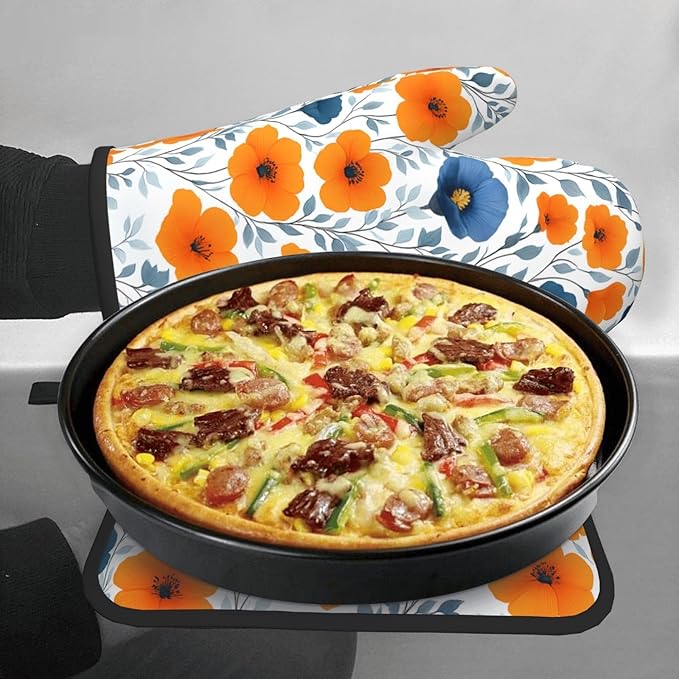 Spring Orange Blue Floral Oven Mitts and Pot Holders Sets of 3, Heat Resistant Non-Slip Burnt Orange Navy Flowers Kitchen Gloves Hot Pads for Cooking BBQ Grilling, Chef Baking Gifts for Women Baker