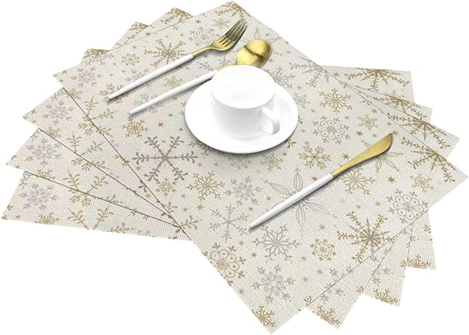 Christmas Place mats Set of 4, 12x18 Inches Gold Gray Snowflake Decorative Placemats Rectangle Winter Table Mats for Party Home Kitchen Dining Table Decoration