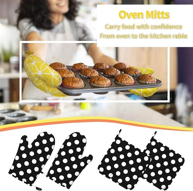 Black White Retro Polka Dot Oven Mitts and Pot Holders Sets of 4, Heat Resistant Silicone Oven Mittens and Potholders Gloves Hot Pads for Kitchen Cooking Baking Grilling BBQ Chef