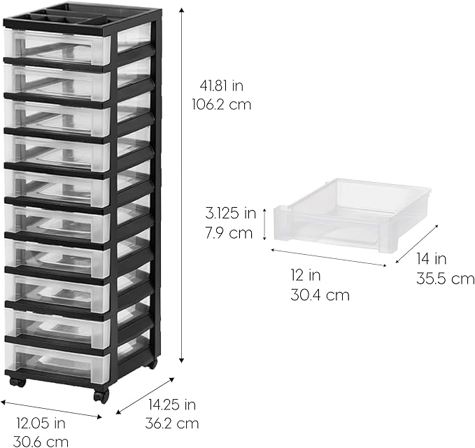 IRIS USA Plastic Drawer Storage Organizer Rolling Cart with Wheels Casters 10-Drawers for Classroom Art Craft Supplies Dresser Closet Bathroom Laundry Room Black/Clear
