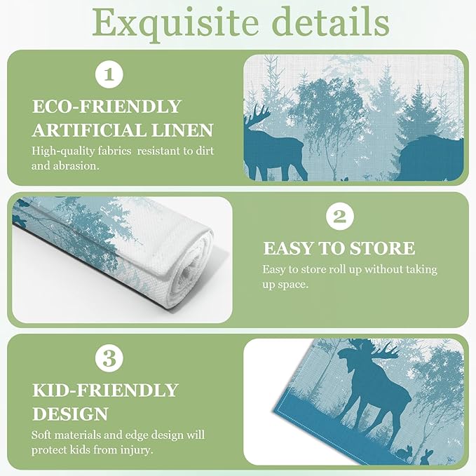Misty Bear Deer Placemats Set of 6, Washable Heat Resistant Table Mat Forest Animal Linen Place Mats for Party Kitchen Dining Home Decor 12x18 Inch