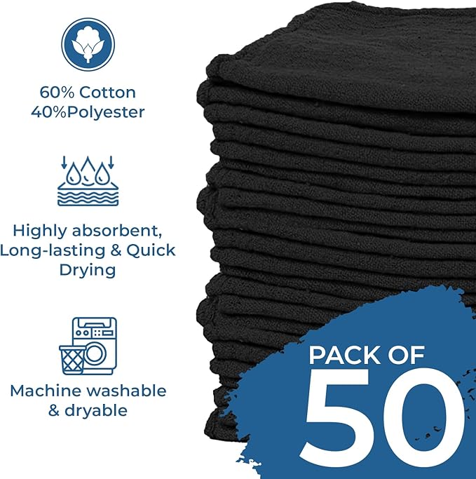 DAN RIVER Shop Towels, 50 Pack Commercial Use Black Terry Cloth Rags for Cleaning Cars & Household Surfaces – Well Absorbent, Reusable Cleaning Rags & Wash Clothes – Washable Towels