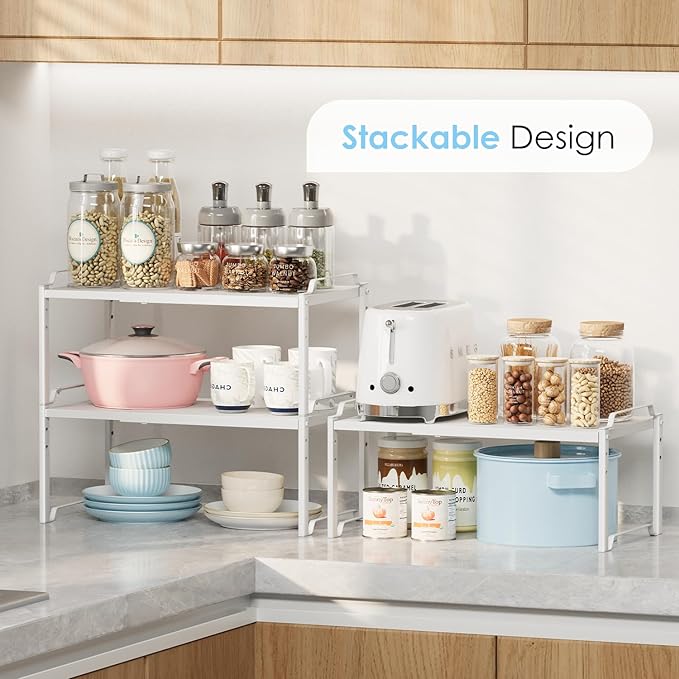 2 Pack 11” Width Expandable Kitchen Cabinet Organizer Shelves, Heavy Duty Kitchen Countertop Organizers and Storage Rack, Stackable Metal Small Storage Shelf For Pantry Counter Cupboard Organization