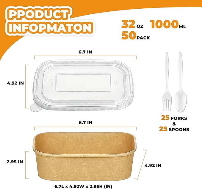 Kaderron 50 Pack 32 OZ Large Paper Bowls with Lids【with Spoons and Forks】, Heavy Duty Disposable Meal Prep Containers for Party, Disposable Bowls Bulk Soak-Proof and Microwave Safe for Hot/Cold Use