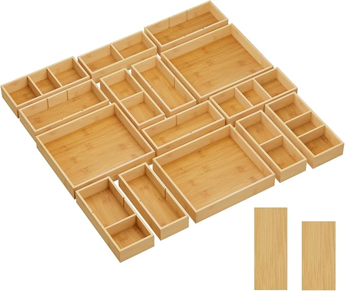 Lifewit Drawer Organizer 15 Pack(33 Grid) with 18 Inserts, Wooden Adjustable Desk Drawer Divider Trays, Storage Bins for Makeup, Kitchen Utensils, Vanity Accessories in Office/Bathroom/Bedroom
