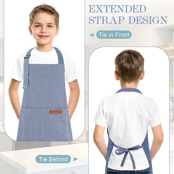 2 Pack Stripes Kids Apron, Kids Cooking Aprons with 2 Pockets, Cute Aprons for Cooking for Boys and Girls