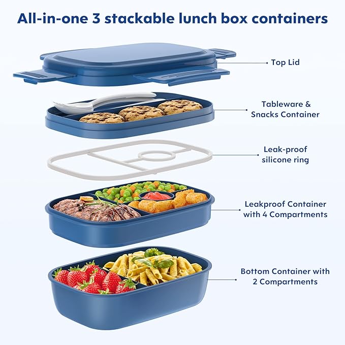 HOMETALL Stackable Bento Box Adult Lunch Box, Large Capacity 1900ml Lunchbox with Utensil Set, Leak-Proof for Dining Out, Work, Picnic, School