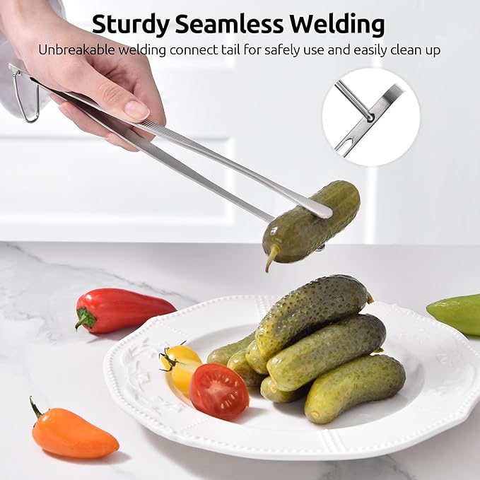U-Taste 10in Kitchen Cooking Tweezer: 18/8 Stainless Steel Food-Grade Metal Food Tong, Seamless-Welding, Sturdy, Flexible and Non-Slip for Pasta Salad Serving, Grilling, Frying, Baking (Round Tip)