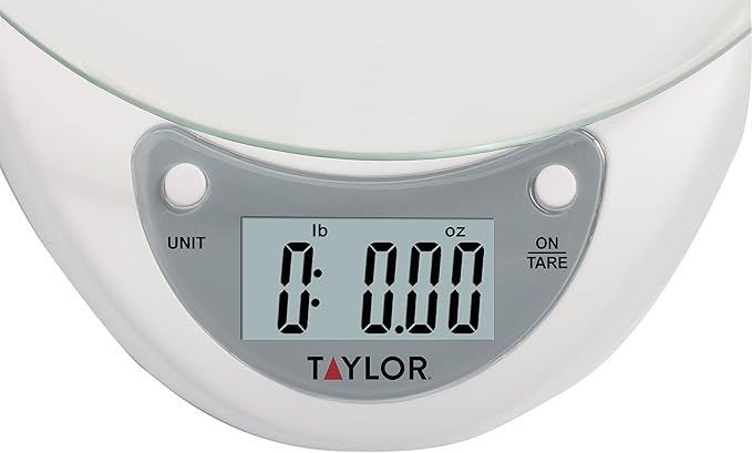 Taylor Digital Kitchen Scale with Glass Platform, Tare Button, and Plastic Body Weighs up to 11 Pounds Capacity, White