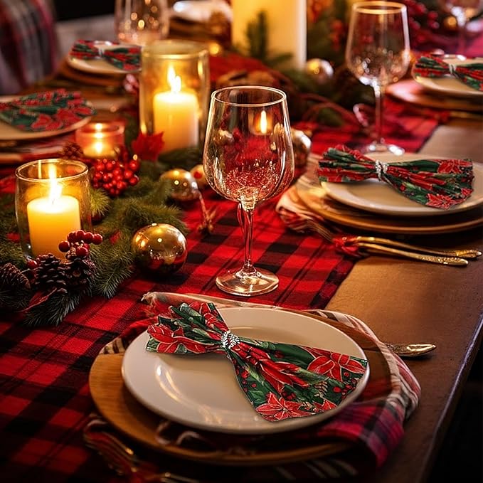 Qeeenar 12 Pcs Christmas Poinsettia Cloth Napkin 20 x 20 Inch Poinsettia Cloth Napkins Washable Dinner Guest Napkins for Christmas Holiday Xmas Thanksgiving Dinner Party Supplies, Set of 12