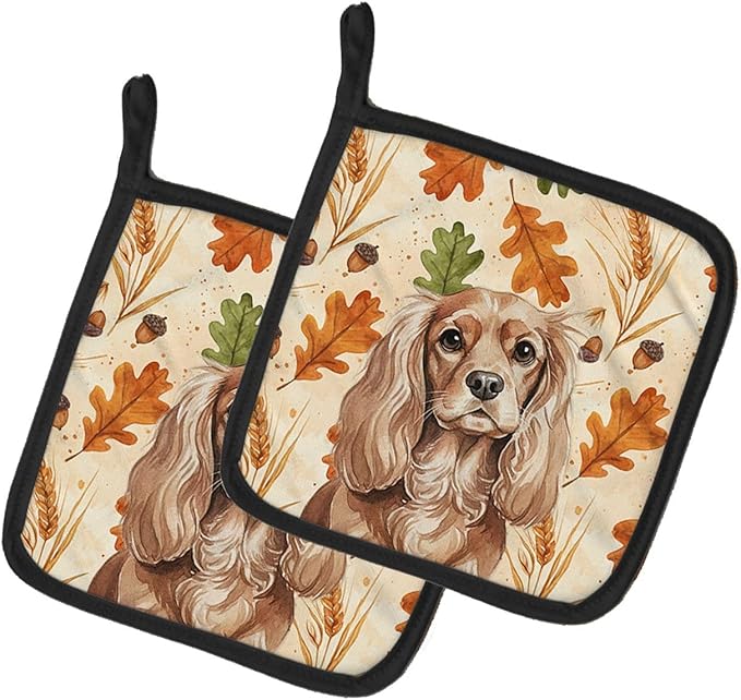 Caroline's Treasures Ruby Cavalier Spaniel Heirloom Fall Pair of Pot Holders Pair 7.5x7.5 Quilted Insulated Hot Pads Decorative Kitchen Gift Made in USA