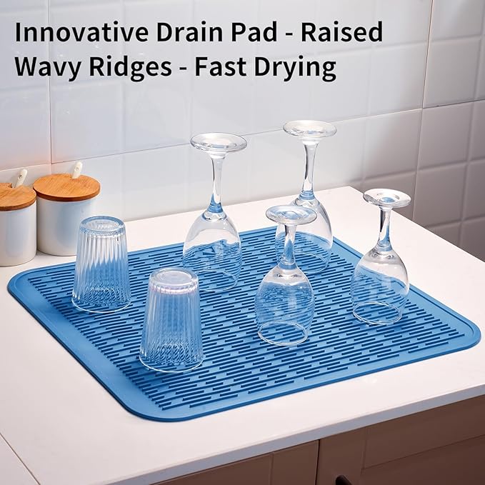 ZLR Large Silicone Dish Drying Mat (16" x 18") - XL Heavy Duty Drainboard Mat for Pots, Pans & Family Loads - Heat Resistant Trivet & Counter Protector, Easy Clean (Lichen Blue)