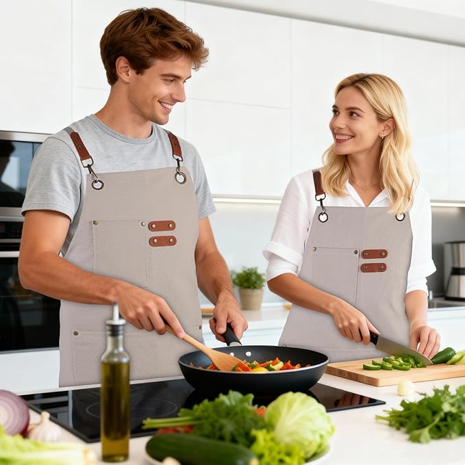 Aprons For Women Men With Large Pockets, Waterproof Cotton Chef Aprons For Cooking Server Grilling Bbq Kitchen