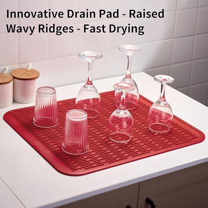 ZLR Large Silicone Dish Drying Mat (16" x 18") - XL Heavy Duty Drainboard Mat for Pots, Pans & Family Loads - Heat Resistant Trivet & Counter Protector, Easy Clean (Lava Red)