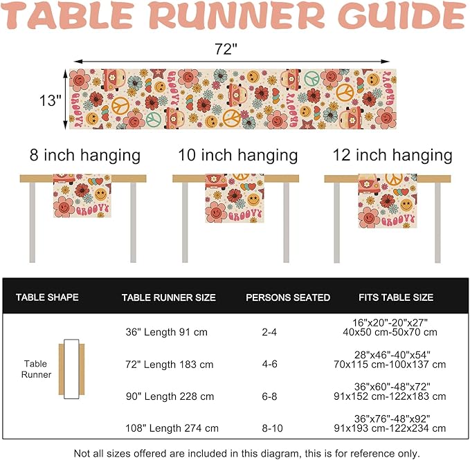 Groovy Hippie Daisy Flower Dining Table Runner, Vintage Bus Floral Peace and Love Burlap Kitchen Decoration, Retro Smiling Face Indoor Outdoor Home Decor Party Supply 13 x 72 Inches