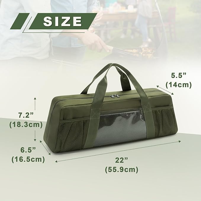 HODRANT Grill Tool Storage Bag, Outdoor BBQ Utensil Holder for Barbecue Tool up to 22", Large Grill Utensil Storage Caddy with Pockets, BBQ Accessories Case Container for Camping, Bag Only, Green
