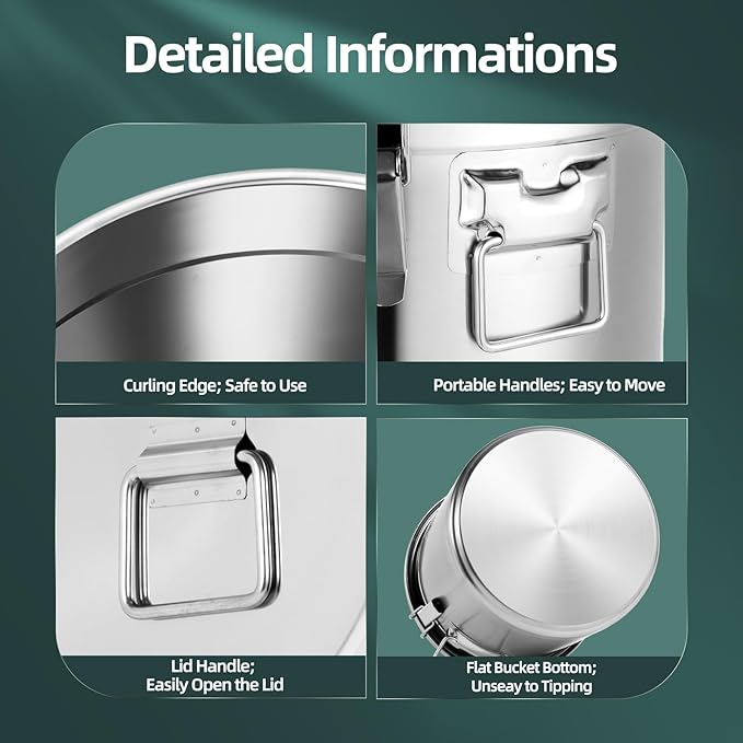 304 Stainless Steel Airtight Canister for Kitchen, Bucket Canisters,Cereal Container with Airtight Lid and Handles,Rice Cereal Grain Storage Canisters for Household (21L/ 4.62Gal)