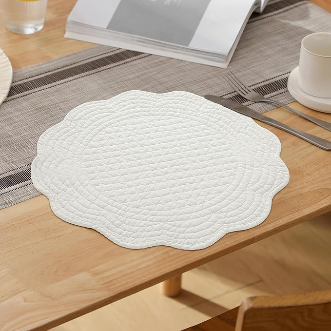 HOMBYS Quilted Placemats Set of 6 Washable Round Placemats for Kitchen Table-100% Cotton Fabric 14 Inch Round Table Mats, Cotton Fabric with Microfiber Filling, (14"x14", Cream White)