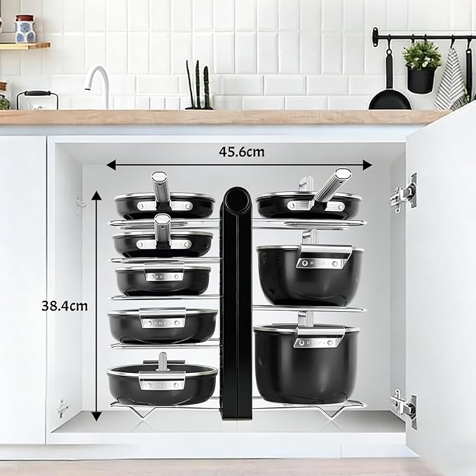 Pots and Pans Organizer under Cabinet,15.35" Height 8 Tier Pot Organizers Rack,Heavy-Duty Pot & Pan Organizer,Adjustable Pan Organizer under Cabinet Kitchen Organization and Storage,Black