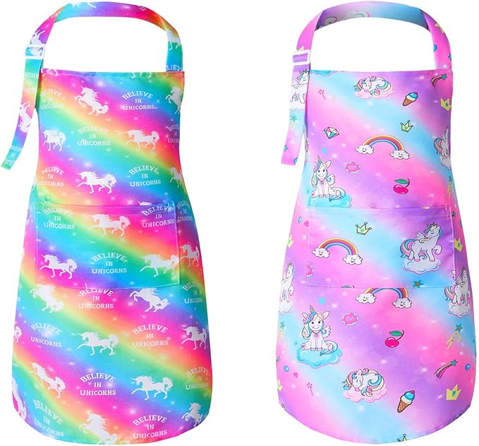 PASHOP 2 Pack Kids Apron Rainbow Unicorn Toddler Apron With Pockets for Kids Girls Boys Cooking Baking Painting