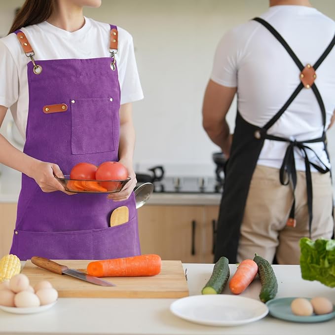 Aoomzoon Canvas Aprons for Men Chef Apron, Work Apron with Large Pockets - 16oz Heavy Duty Cross Back, BBQ, Cooking