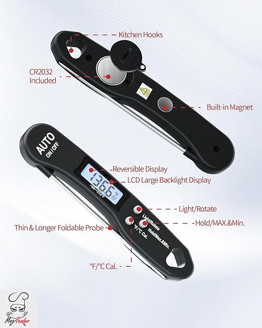 5 PCs Instant Read Meat Thermometer, 1.2s Fast Read, ±1°F Accuracy, -58°F to 572°F, 4.4" Foldable Probe, 0 °C Calibration, Min/Max (Session), Auto-Rotating Backlit Display, °F/°C, Magnetic Back