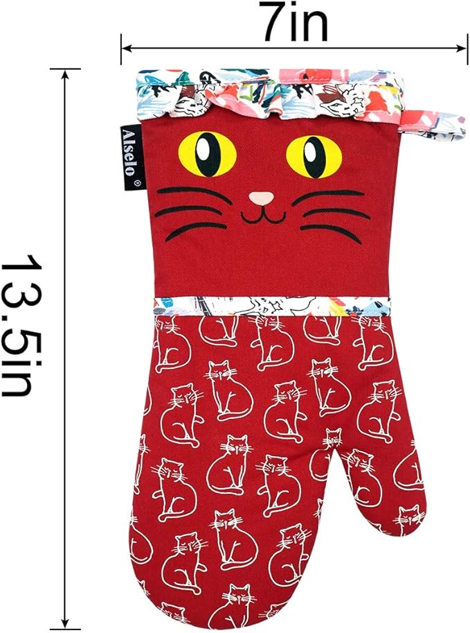Alselo Oven Mitts, Heat Resistant with Soft Quilted Cotton Lining Set of 2, Fashion Animal Design with Silicone Printing Anti-Slip Kitchen Gloves for Safe Backing Cooking Barbecue (Red 2)