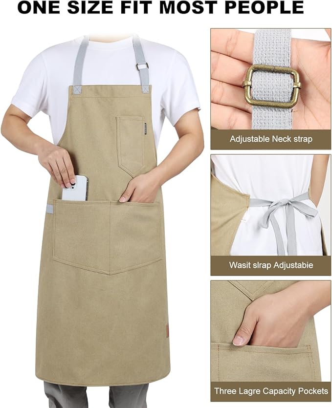 Womens Apron with Pockets Adjustable Shoulder Strap,Aprons for Men 38.5" Extra-Long Straps Fit More Body Types,Chef Apron for Kitchen Garden Barbecue Woodworking(Khaki)
