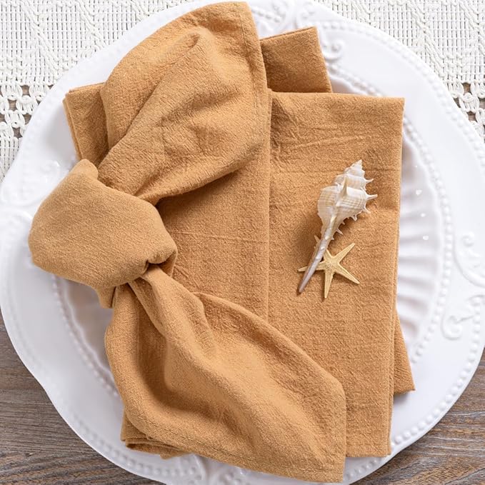 MLMC 4 Pack Caramel Cloth Napkins Rustic Washable Cotton Linen Napkins Set of 4 17"x17" Reusable Dinner Napkins Cloth for Wedding Party Bridal Shower Everyday Use Gathings Decor