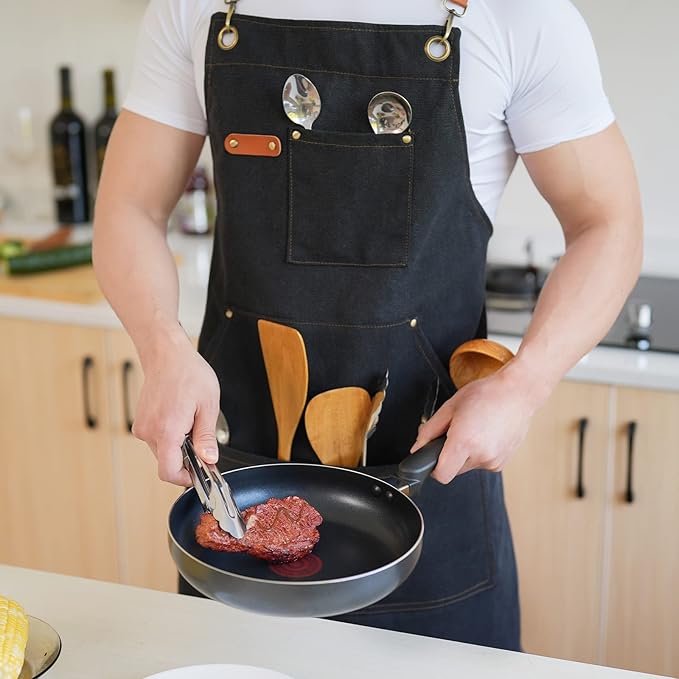 Aoomzoon Canvas Aprons for Men Chef Apron, Work Apron with Large Pockets - 16oz Heavy Duty Cross Back, BBQ, Cooking