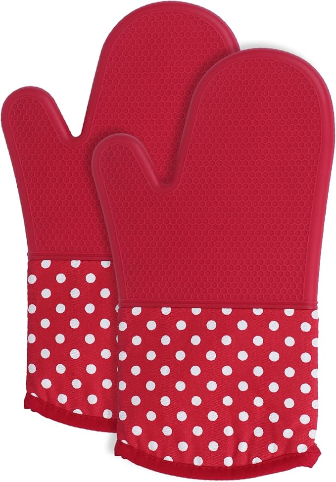 Amruta Pair of Silicone Shell Oven Mitts, 2 Pieces Heavy Duty Baking Kitchen Mitts for BBQ Microwave Stove, Heat-Resistant up to 500F, Oven Glove with Silicone Textured Grip (13 x 7.5 in, Red)