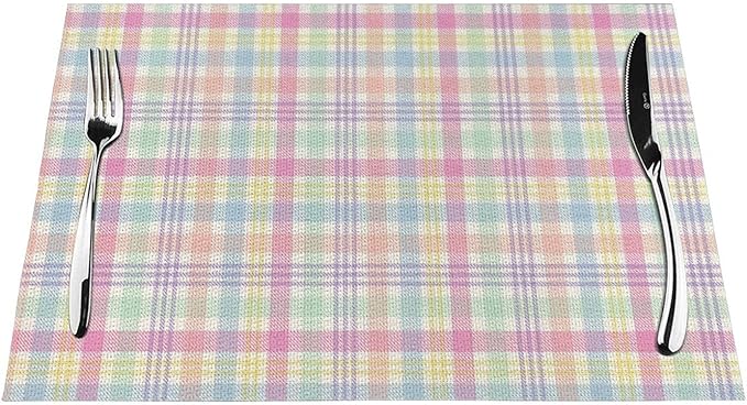 Spring Place mats Set of 4,12x18 Inches Colorful Plaid Stripes Placemats Rectangle Easter Decor Pink Green Purple Linen Table Mats for Party Home Kitchen Dining Table Decoration