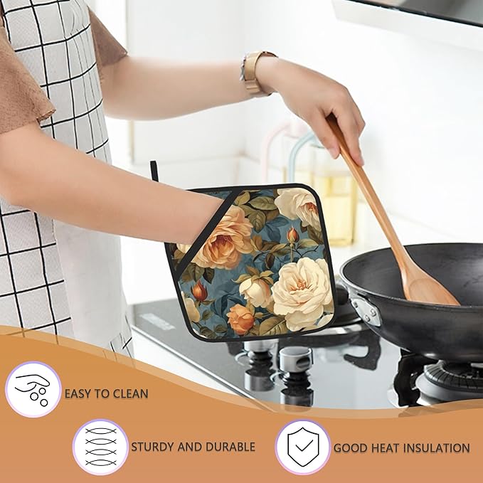 2 Pack Vintage Roses Floral Pot Holders for Kitchen Heat Resistant, Potholders for Kitchens Washable for Cooking & Baking & Microwave