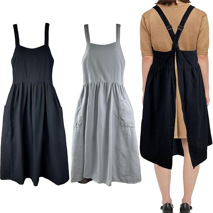 Uaussi Cotton Linen Apron Cross Back Work Apron for Women with Pockets Pinafore Dress X Cross Halter Apron for Chef Gardening