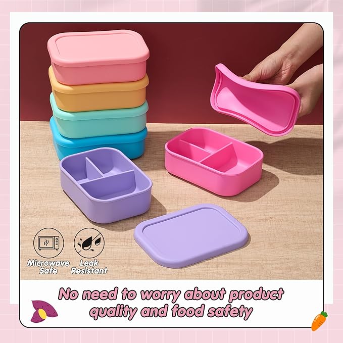 Layhit 6 Pcs Silicone Bento Box for Adults, 27 oz Bento Lunch Container 3 Compartment Lunchable Food Container for Women Men, Leak Proof Microwave Dishwasher Freezer Safe (Fluorescent Multicolor)