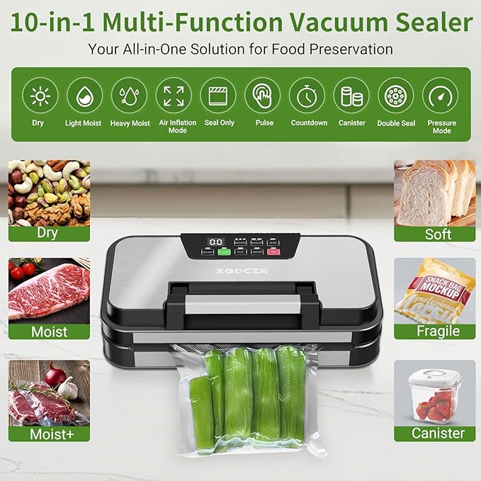 95kPa Vacuum Sealer Machine, Powerful Double Pump 10-in-1 Food Sealing System with Double Heat Seal, Built-in Cutter & Bag Storage, Easy-Lock Handle, Hose, 2 Bag Rolls, Durable Stainless Steel Design