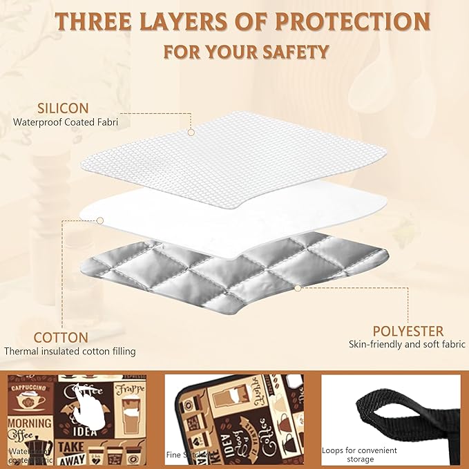 2PCS Brown Coffee Pot Holder with Loop,Vintage Latte Heat Resistant Oven Pads, Hot Pat for Kitchen Cooking Baking Food