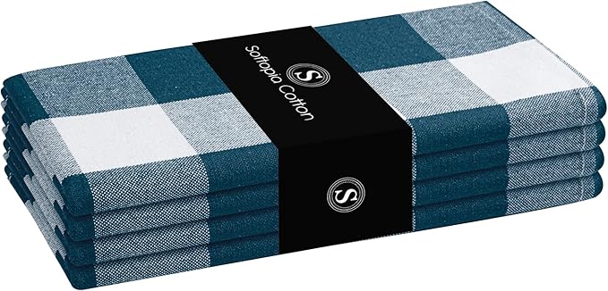 Buffalo Plaid Cloth Napkins, Set of 4, Soft, Durable, Wrinkle Free Fabric Napkins, Checked Napkins for Dinner, Wedding, Restaurant, Buffet, Party, Christmas - Teal White (16”X16”)