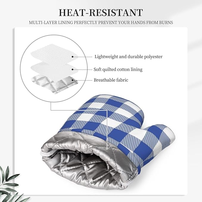 Blue and White Buffalo Plaid Oven Mitts and Pot Holders Set, 4pcs Blue and White Checkered Silicone Oven Glove for Kitchen Heat Resistant Oven Mitts and Potholders Non-Slip for Cooking