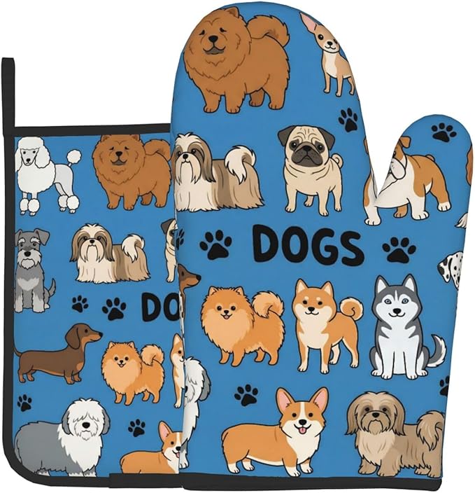 Cartoon Dogs Oven Mitts and Pot Holders Blue Background Heat Resistant Oven Mitts Safe for Baking Cooking BBQ