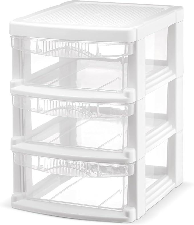 Tribello 3 Drawer Plastic Storage, Mini Drawer Unit, White Frame With Clear Drawers for Craft Storage - 8.5"L X 7"W X10"H Inches - (1 Pack)